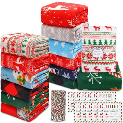 12 Pack Christmas Throw Blankets with Gift Tags - 50 x 60 Inch Holiday Fleece & Flannel