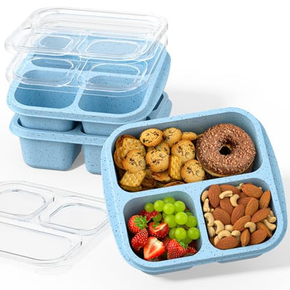 Enstphjoy Snack Boxes (3 Pack) - Stackable Bento Boxes with 3 Compartments, Meal Prep Containers Reusable, Lightweight Lunch Containers for Kids and Adults, BPA Free (Blue)