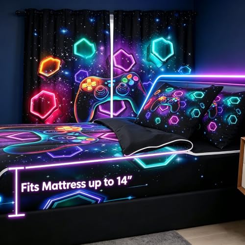 Neon Gamepad Bedding Set with Zippered Comforter and Fitted Sheet - Full Size - Black, Purple, Cyan