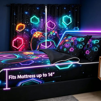 Neon Gamepad Bedding Set with Zippered Comforter and Fitted Sheet - Full Size - Black, Purple, Cyan
