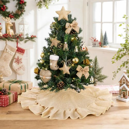 24 Inch Light Brown Burlap Christmas Tree Skirt Linen Mini Tree Mat Holiday Decor