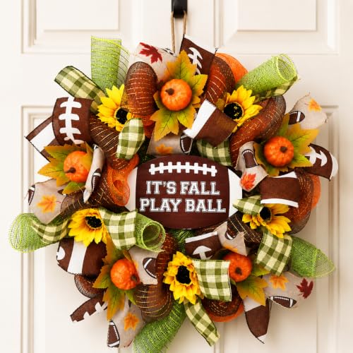 Thanksgiving Football Wreath for Front Door Fall Decor with Sunflowers Pumpkins