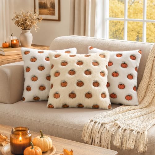 Fall Pumpkin Embroidered Pillow Cover 18x18 Bright Orange & White Set of 2