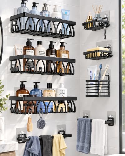 8 Pack Shower Caddy Set with 2 Towel Bars Bathroom Organizer No-Drill Adhesive Mount