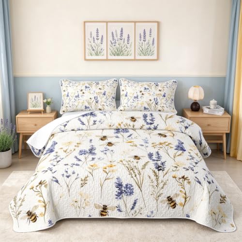 Wild Blue Floral King Quilt Bedding Set - Soft Breathable Polyester