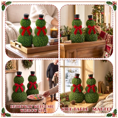 Christmas Snowman Topiary Decor Set - 2 Artificial Holiday Plants, 11.8"