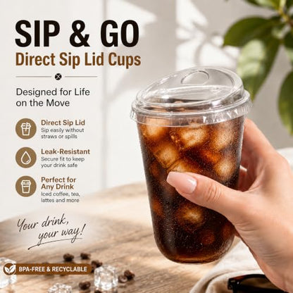 50 Pack 16 oz Clear Plastic Cups with Strawless Sip Lids for Cold Drinks