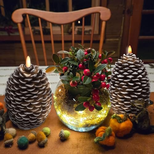 Silver Large Pine Cone Candles Battery Operated Flameless Flickering with Remote