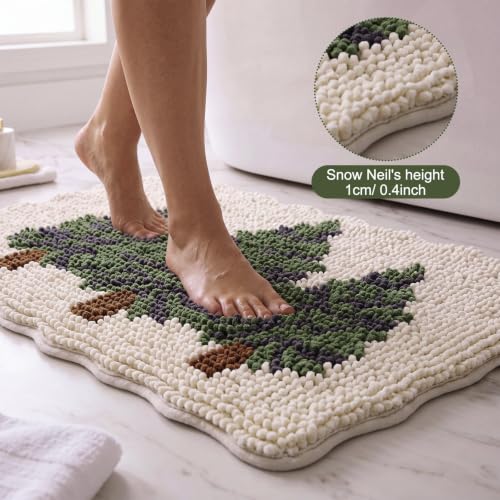 Junkin Christmas Tree Bathroom Rug - Scalloped Chenille Non-Slip Bath Mat