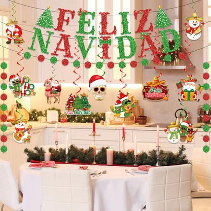 Mexican Christmas Decorations Banner & Hanging Swirls Set - Feliz Navidad