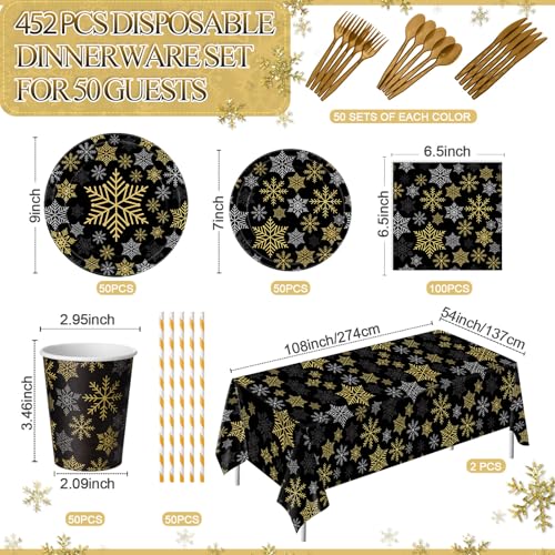 Funnymoom Black Gold Silver Snowflake Christmas Party Supplies - 452 Pcs, Snowflake Theme