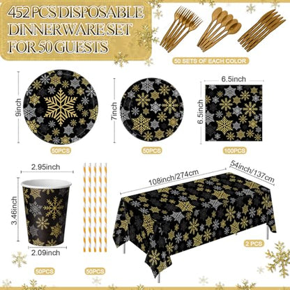 Funnymoom Black Gold Silver Snowflake Christmas Party Supplies - 452 Pcs, Snowflake Theme