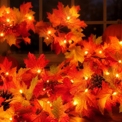 Lush Fall Garland with Lights, Pinecones & Berries - 108 Inches, Connectable, UL Certified