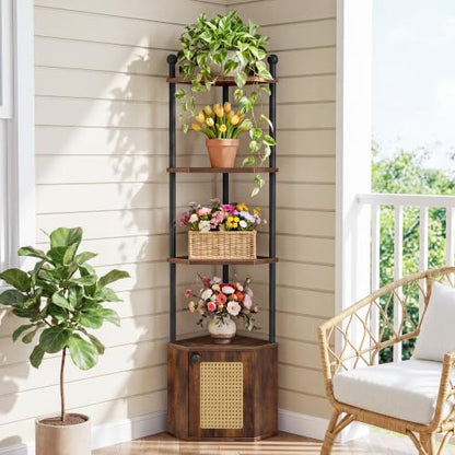 Rustic Brown 5-Tier Corner Shelf Stand with Cabinet - Space-Saving Storage