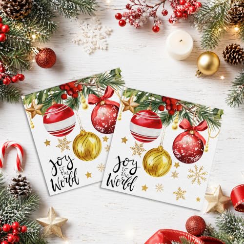 Christmas Joy Disposable Paper Napkins 100 Pack - Red Gold Ornament Pine Snowflake