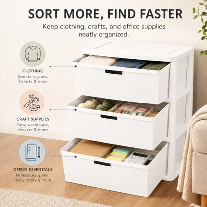 White 3-Drawer Plastic Storage Tower - Decorative Closet Organizer