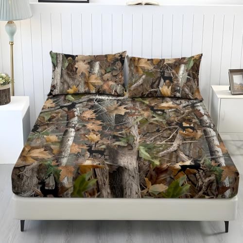 Breathable Bed Sheet Set with Pillowcases - Queen Deer Camo Hunting Variation