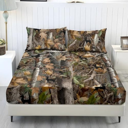 Breathable Bed Sheet Set with Pillowcases - Queen Deer Camo Hunting Variation