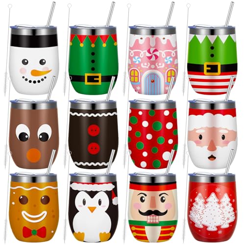12 Pack Christmas Stainless Steel Insulated Wine Tumblers with Lids & Straws