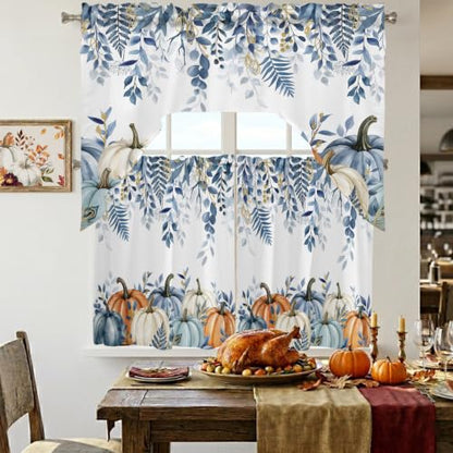 Blue Pumpkins Fall Tier Curtains with Swag Valance Sets - 27.5W x 24L White Blue
