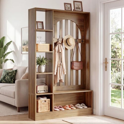 Room Divider with Storage Shelves and Bench - Freestanding Coat Rack & Open Shelves