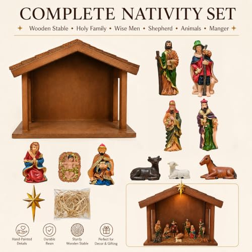 Lighted Wooden Nativity Set with Resin Figures - 11 Piece Christmas Decoration