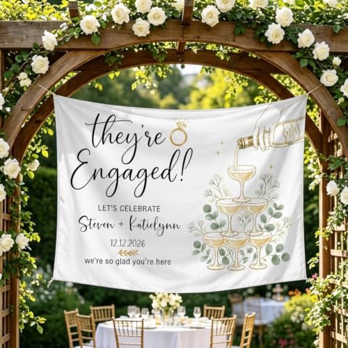 Personalized Engagement Champagne Glasses with Doodles Banner Style 10 - Custom Couple Names & Date