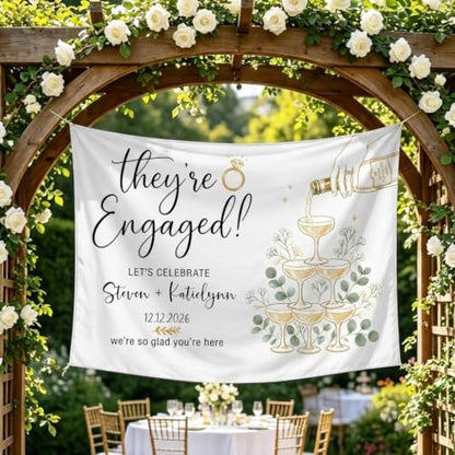 Personalized Engagement Champagne Glasses with Doodles Banner Style 10 - Custom Couple Names & Date