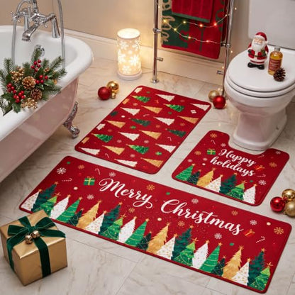 Christmas Bathroom Rug Set 3-Piece Non-Slip Mat with Holiday Design