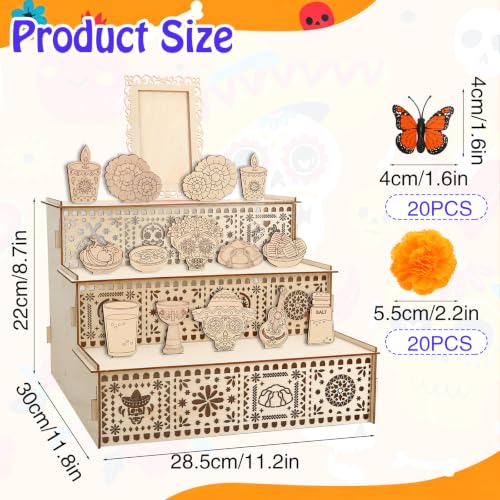 Dia de Muertos Wooden Altar Kit with Marigold Flowers and Butterflies - 3 Tiers