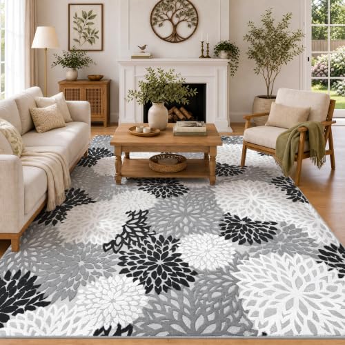 Arenarug 5x7 Grey White Black High-Low Plush Washable Area Rug - Floral Design