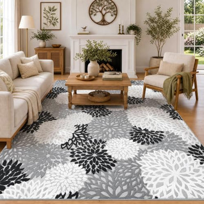 Arenarug 5x7 Grey White Black High-Low Plush Washable Area Rug - Floral Design