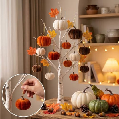 27-Piece Fall Decor Set with Velvet Pumpkins, Maple Leaves & Acorns