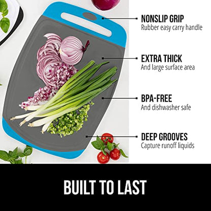 The Original Gorilla Grip Oversized 100% BPA Free Reversible Durable Kitchen Cutting Board Set of 3, Juice Grooves, Dishwasher Safe, Easy Grip Handle Border, Food Chopping Boards, Cooking, Aqua Gray