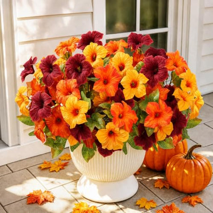Artificial Petunias Flowers Set - Burgundy, Orange & Yellow, UV Resistant Outdoor