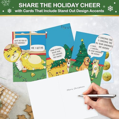 3-Cartoon Christmas Funny Pet Card Set - 24 Holiday Greeting Cards with Envelopes & Seals