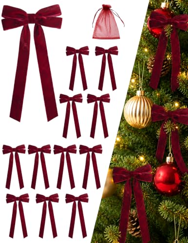 12Pcs Velvet Ribbon Bow Christmas Tree Decorations with Storage Bag - Wine Red