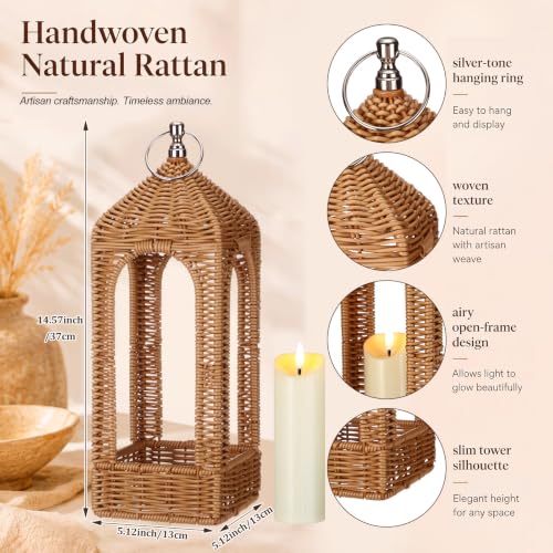 14.5 Inch Natural Rattan Lantern with Flameless LED Candle - Boho Decor