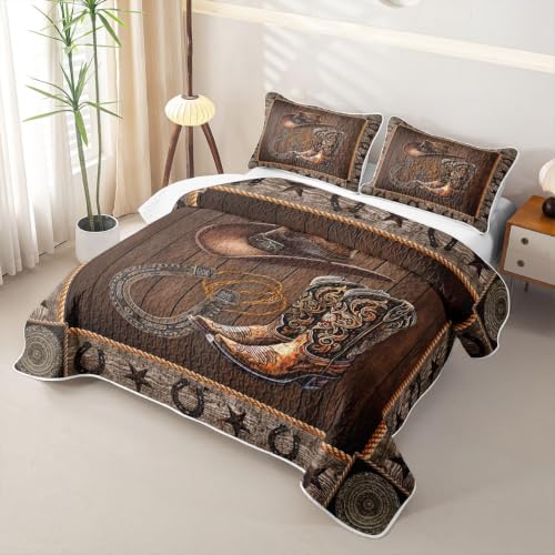Western Cowboy Quilt Set Queen with Boots Hat Horseshoe Design - Grey Brown