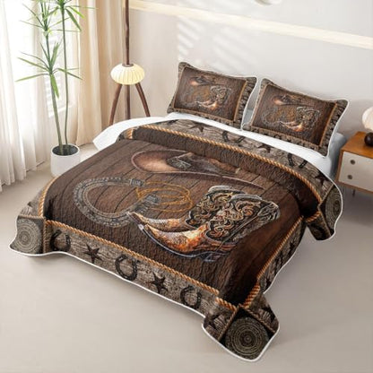 Western Cowboy Quilt Set Queen with Boots Hat Horseshoe Design - Grey Brown