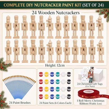 Christmas Nutcracker Painting Kit - 24 DIY Wooden Nutcrackers with Paints & Accessories