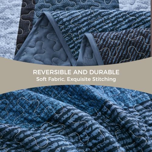 King Navy Blue Striped Quilt Set - 3-Piece Boho Bedding with Shams