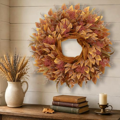 26-Inch Fall Eucalyptus Wreath with Orange Accents for Front Door - Full Large Size