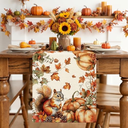 Fall Pumpkin Squirrel Table Runner - Autumn Thanksgiving Kitchen Decor 13x72 Inch - Squirrel Variation