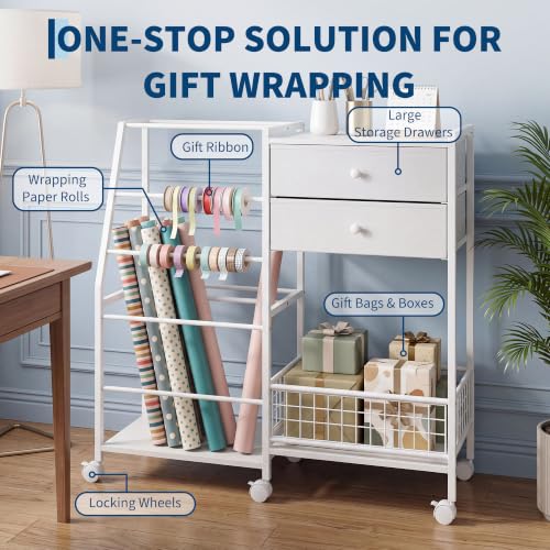 Garvee White 3-Tier Gift Wrap Storage Cart with 2 Drawers - Mobile Organizer