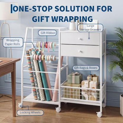 Garvee White 3-Tier Gift Wrap Storage Cart with 2 Drawers - Mobile Organizer