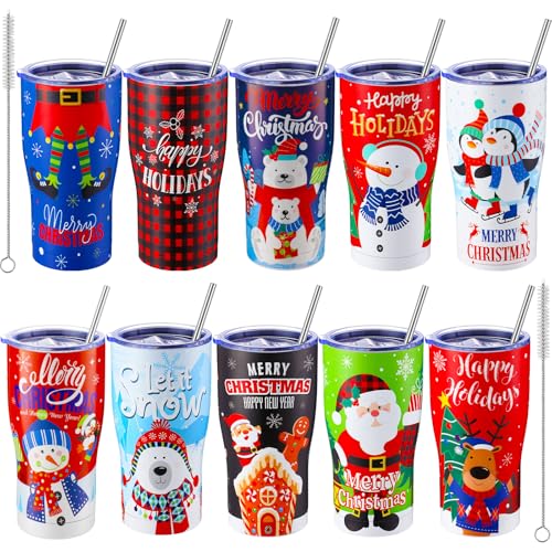 10 Sets Christmas Insulated Stainless Steel Tumblers with Lids & Straws - Deer Design