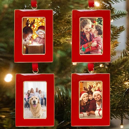 Christmas Picture Frame Ornaments Set of 4 - 2x3 Inch Red Mini Frames with Ribbon