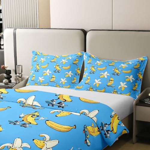 Queen Size Cotton Duvet Cover Set - Yellow Banana & Bright Blue Tropical Fruits, 3 Piece with Pillowcases, Variation: Blue Yellow / Queen