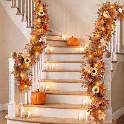 Lighted Fall Garland with Sunflowers Pumpkins and Warm Lights - 6 Feet
